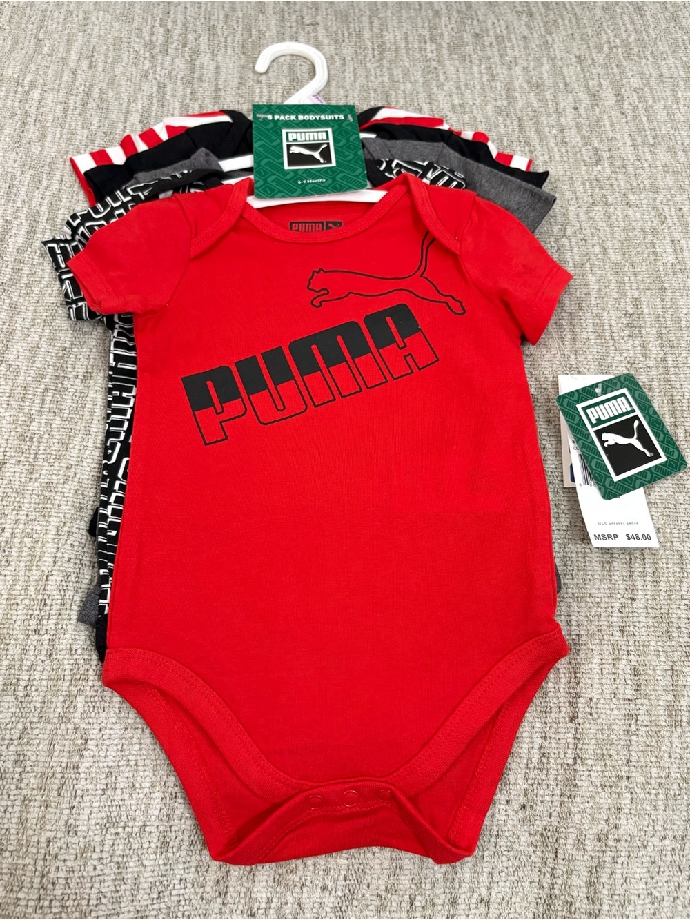 Puma Red Infant One-Piece Bodysuit with Black Logo